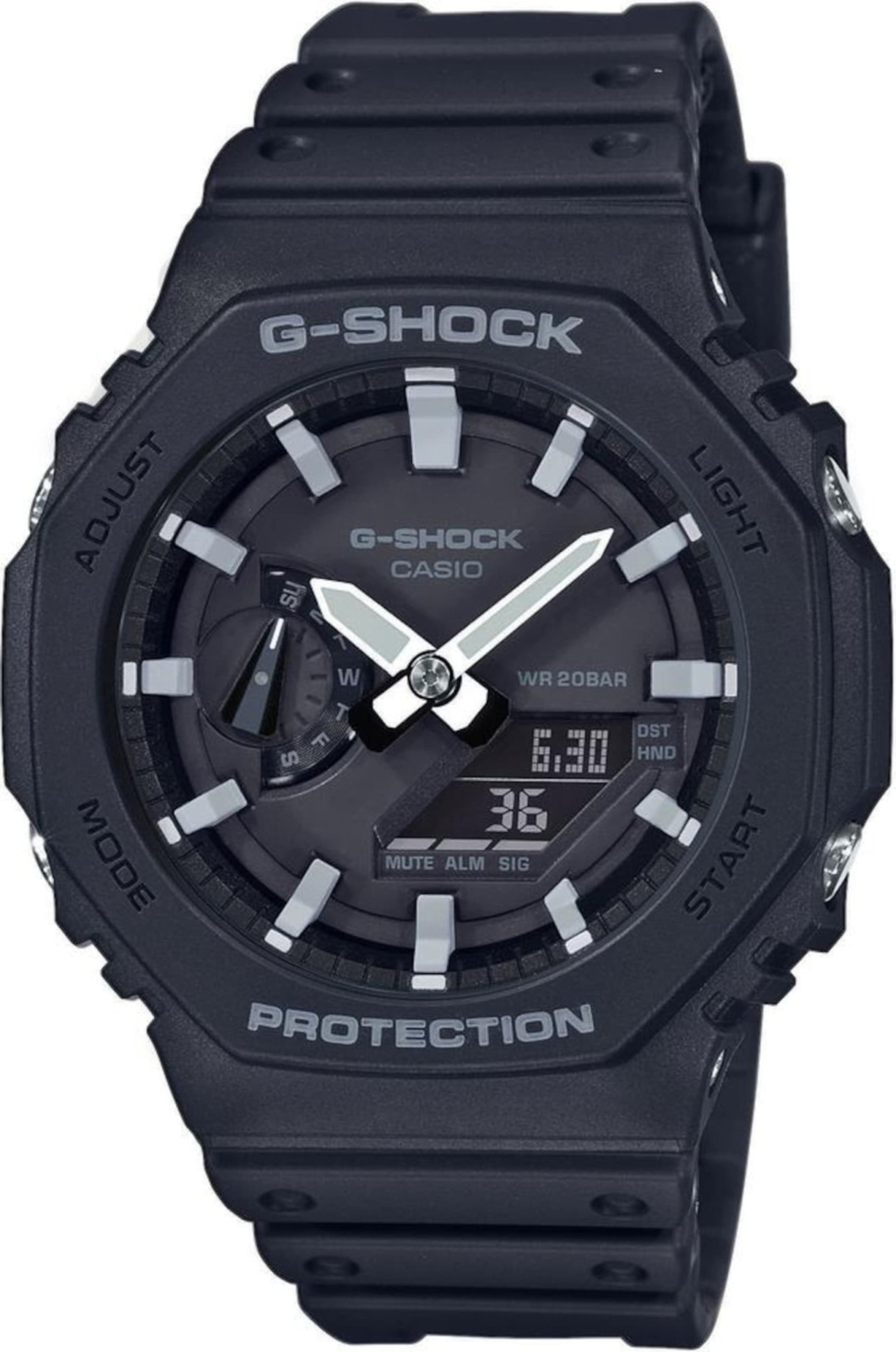 Schwarze G-Shock-Uhr mit digitaler Anzeige und analogem Zifferblatt, robustes Design.