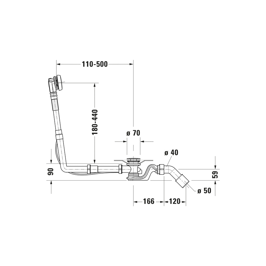 DURAVIT Ab-&Überlaufgarnitur 52mm mit zentralem Ablauf Bowdenzuglänge 650mm