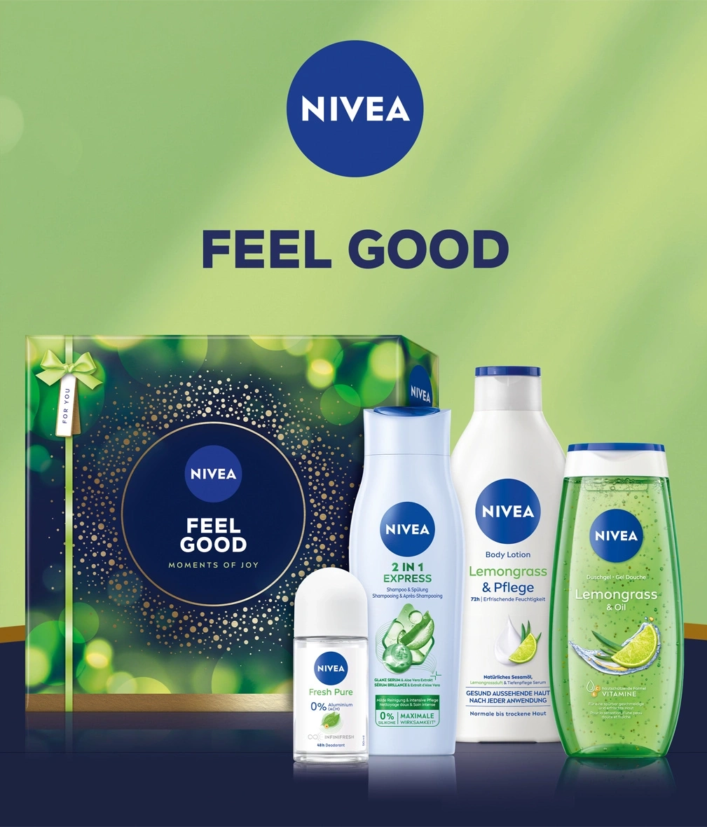 Nivea Produkte für Körperpflege mit "Feel Good" Schriftzug.