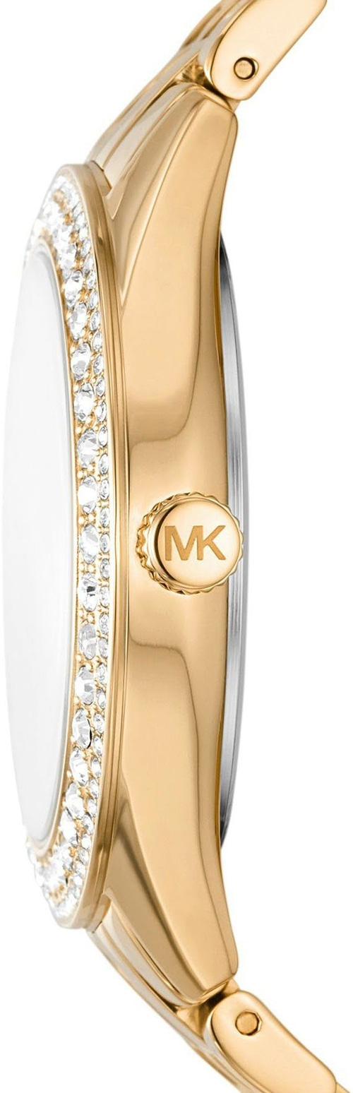 Goldene Uhr mit Diamanten und MK-Logo, Nahaufnahme, Detailaufnahme, Schmuck