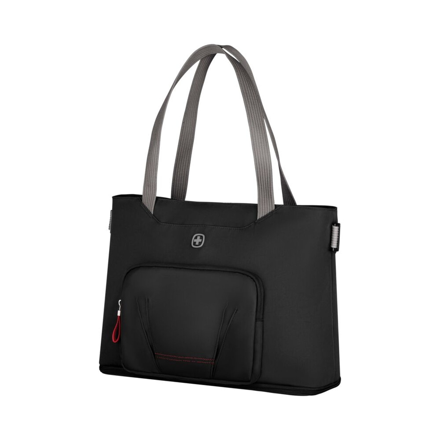 Schwarze Handtasche mit grauen Trägern und roter Naht, Schweizer Marke.