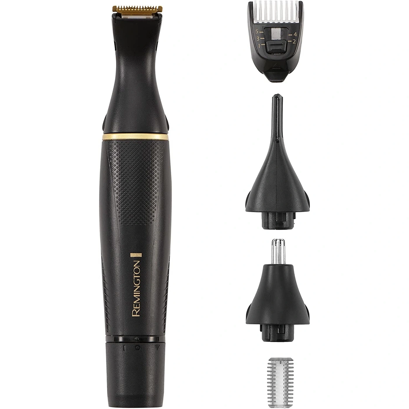 Ein Remington Trimmer mit verschiedenen Aufsätzen für Körperhaare, Nase und Augenbrauen.