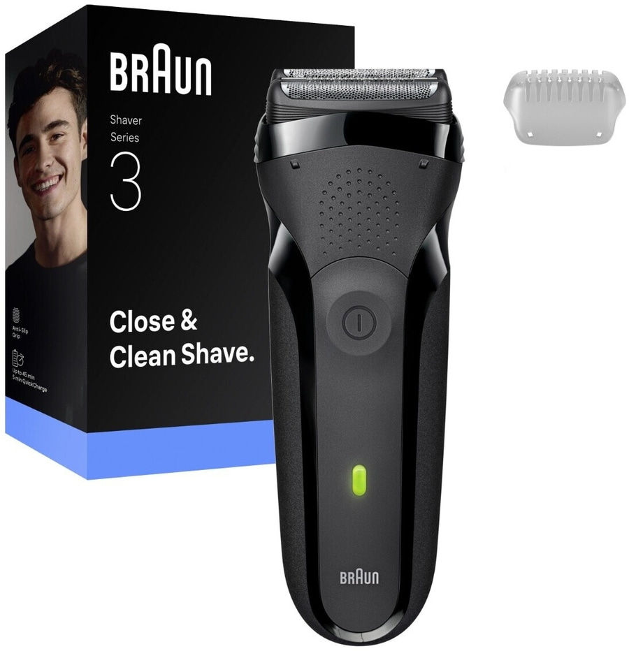 Braun Rasierer Serie 3, Schwarz, mit Aufsatz und Verpackung