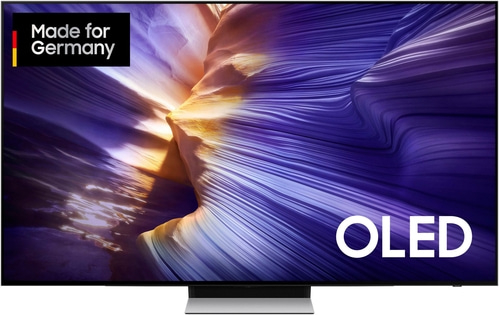 Ein schwarzer Fernseher mit dem Aufdruck "Made for Germany" und "OLED"