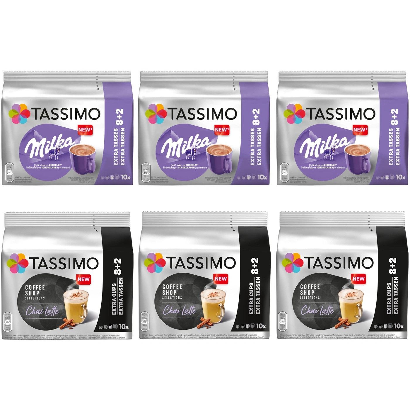 Sechs Packungen Tassimo Milka und Chai Latte Kaffeekapseln.