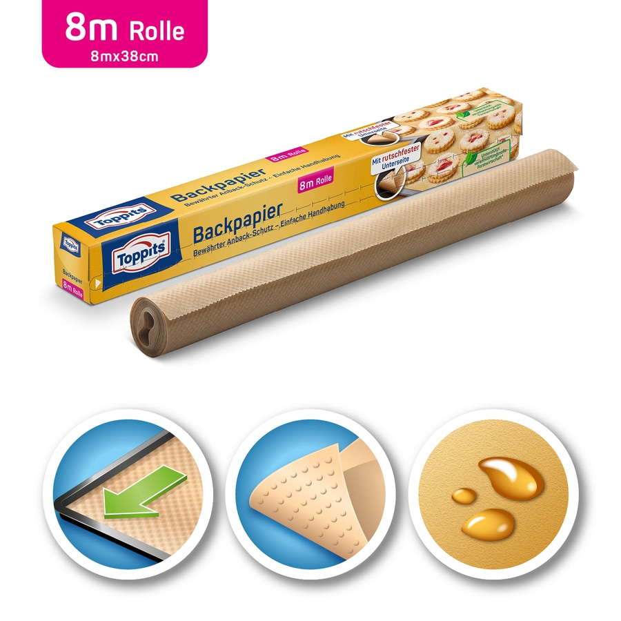 Toppits Backpapier Rolle, 8m x 38cm, rutschfeste Unterseite, Backen leicht gemacht.