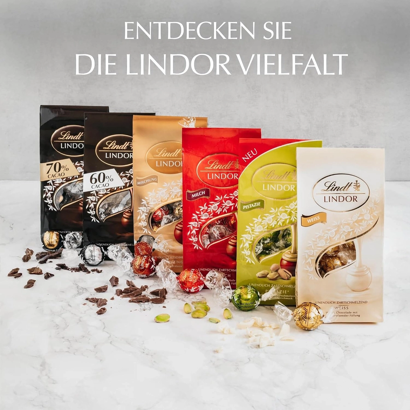 Entdecken Sie die Lindt Lindor Vielfalt mit verschiedenen Schokoladensorten.
