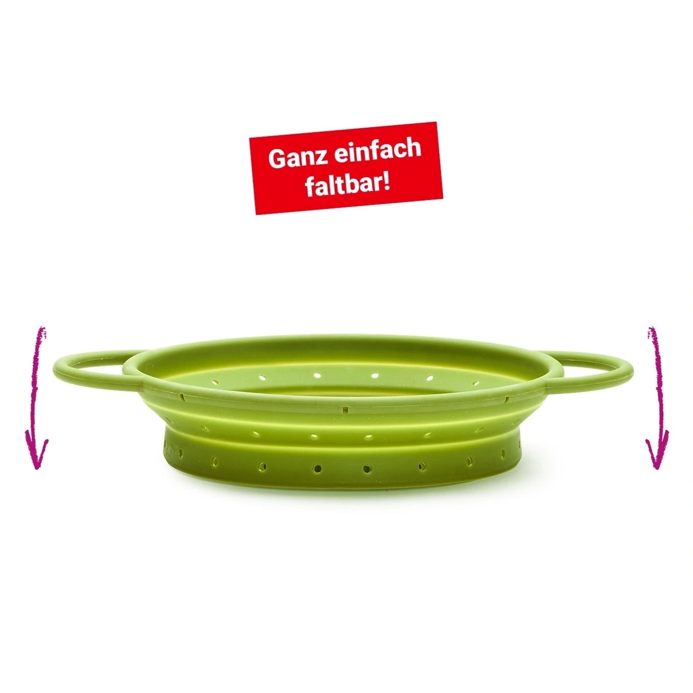 Grünes, faltbares Sieb mit Griffen und rotem Textfeld: Ganz einfach faltbar!