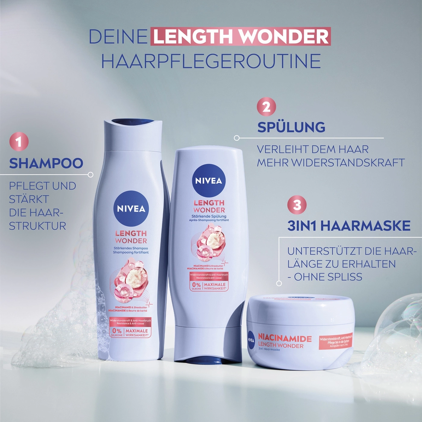 Nivea Haarpflege Routine mit Shampoo, Spülung und Haarmas ke.