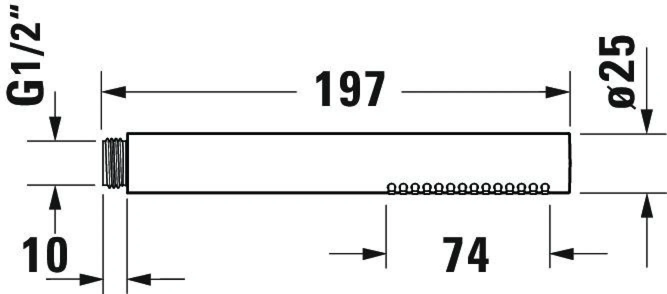 Rohr mit Maßen: 197mm Länge, Ø25mm Durchmesser, G1/2" Gewinde, 10mm Höhe, 74mm Abstand.