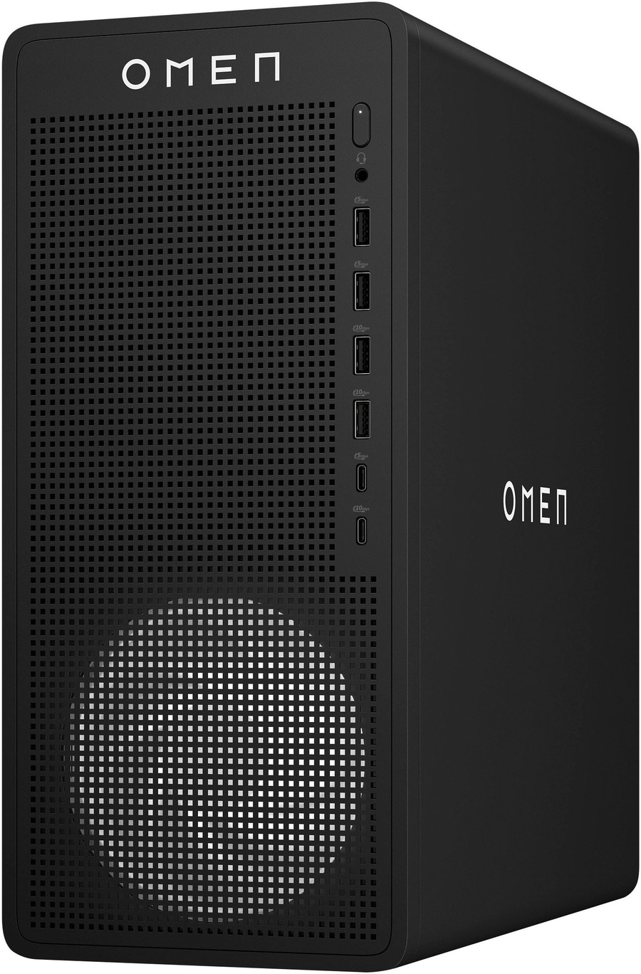 Ein schwarzes OMEN Desktop-Gehäuse mit vielen USB-Anschlüssen und perforierter Front.