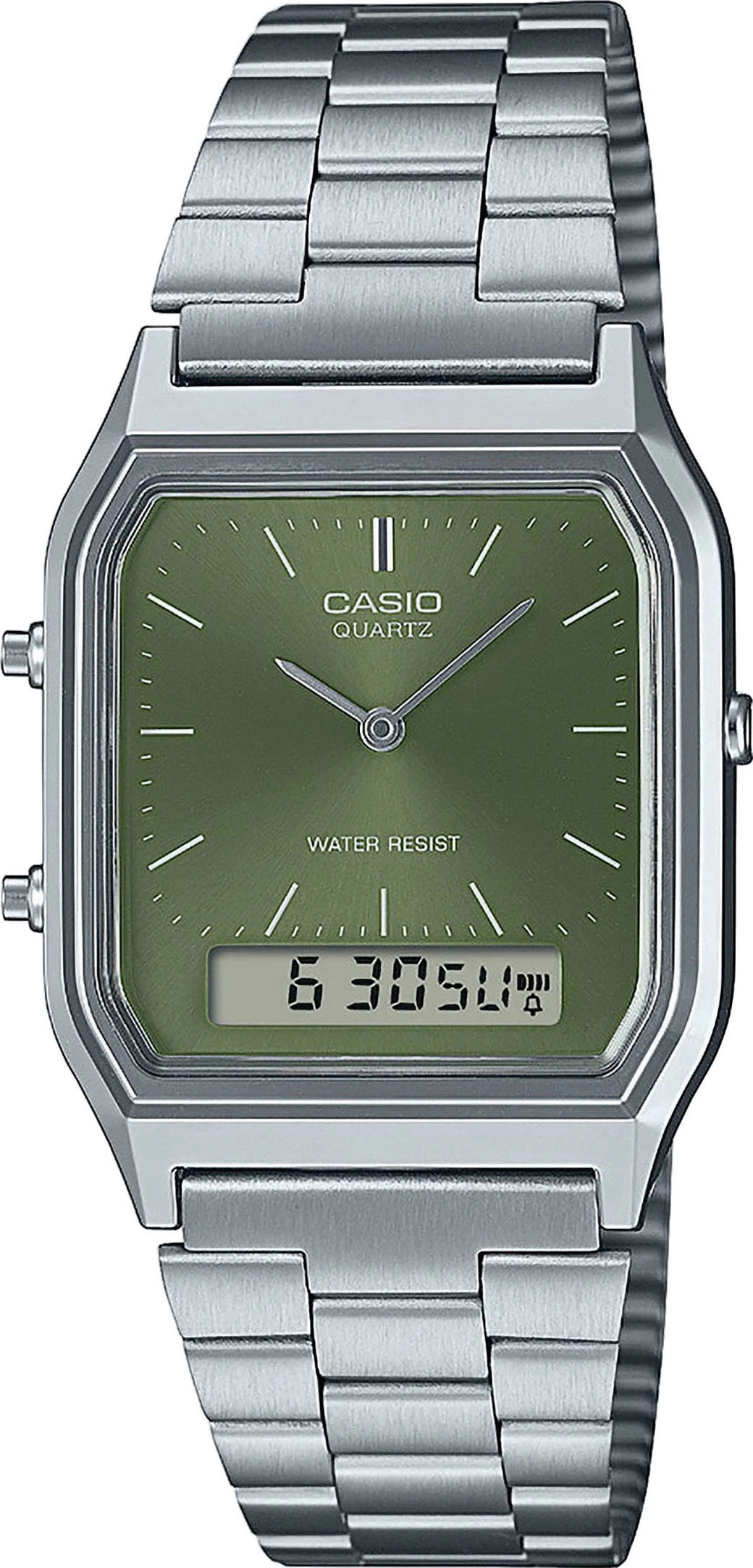 Eine silberne Casio Quarzuhr mit grünem Zifferblatt und digitaler Anzeige