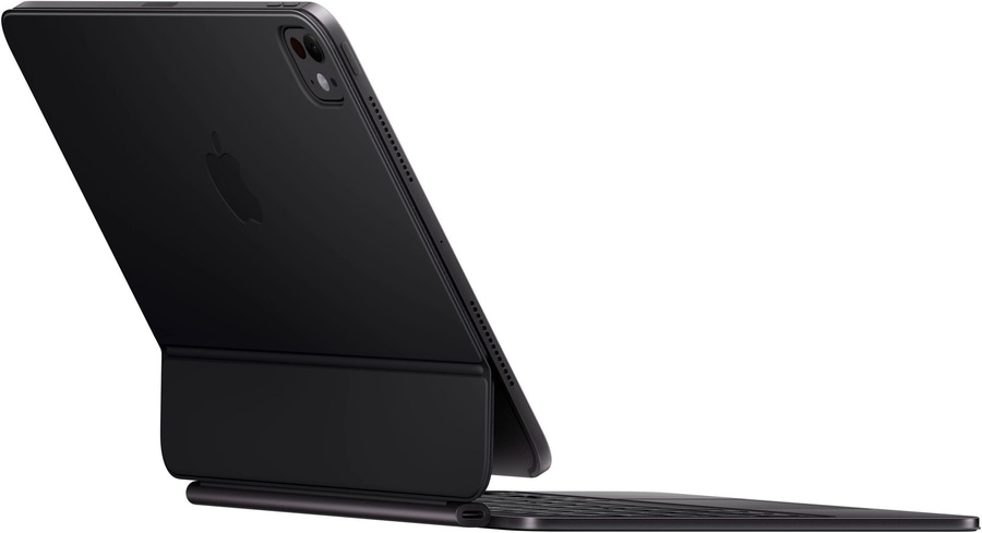 Schwarzes iPad mit Tastatur, Apple-Logo, Seitenansicht, Technologie, modernes Design