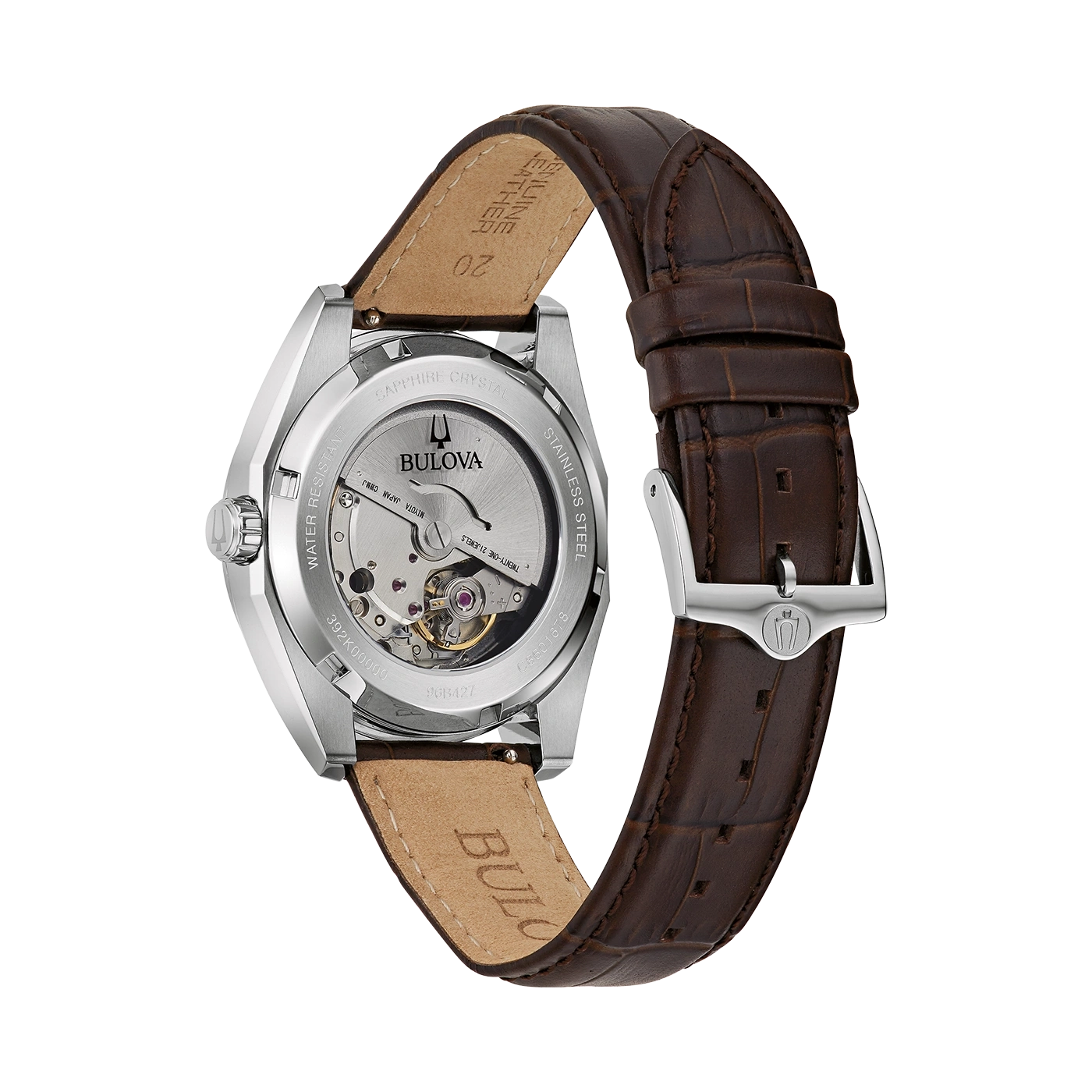 Bulova Uhr, braunes Lederarmband, Edelstahl, Saphirglas, Automatikwerk, 21 Jewels