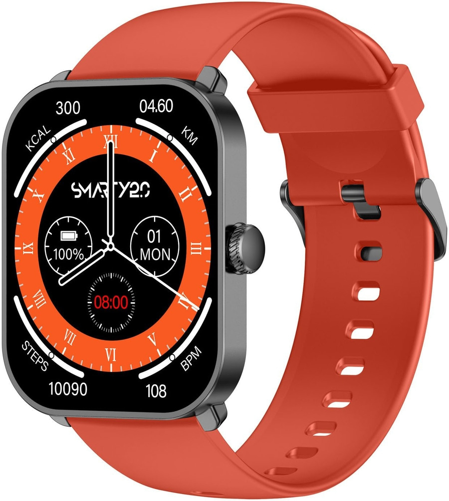 Eine Smartwatch mit rotem Armband und digitaler Anzeige für Uhrzeit, Schritte, Kalorien, Kilometer und Herzfrequenz.