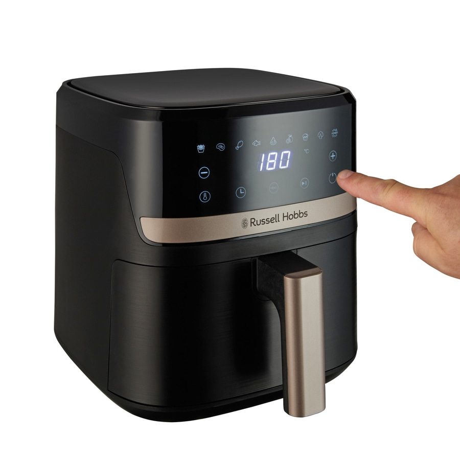 Schwarze Fritteuse mit Touchscreen und Temperaturanzeige, Bedienung durch Fingerdruck.