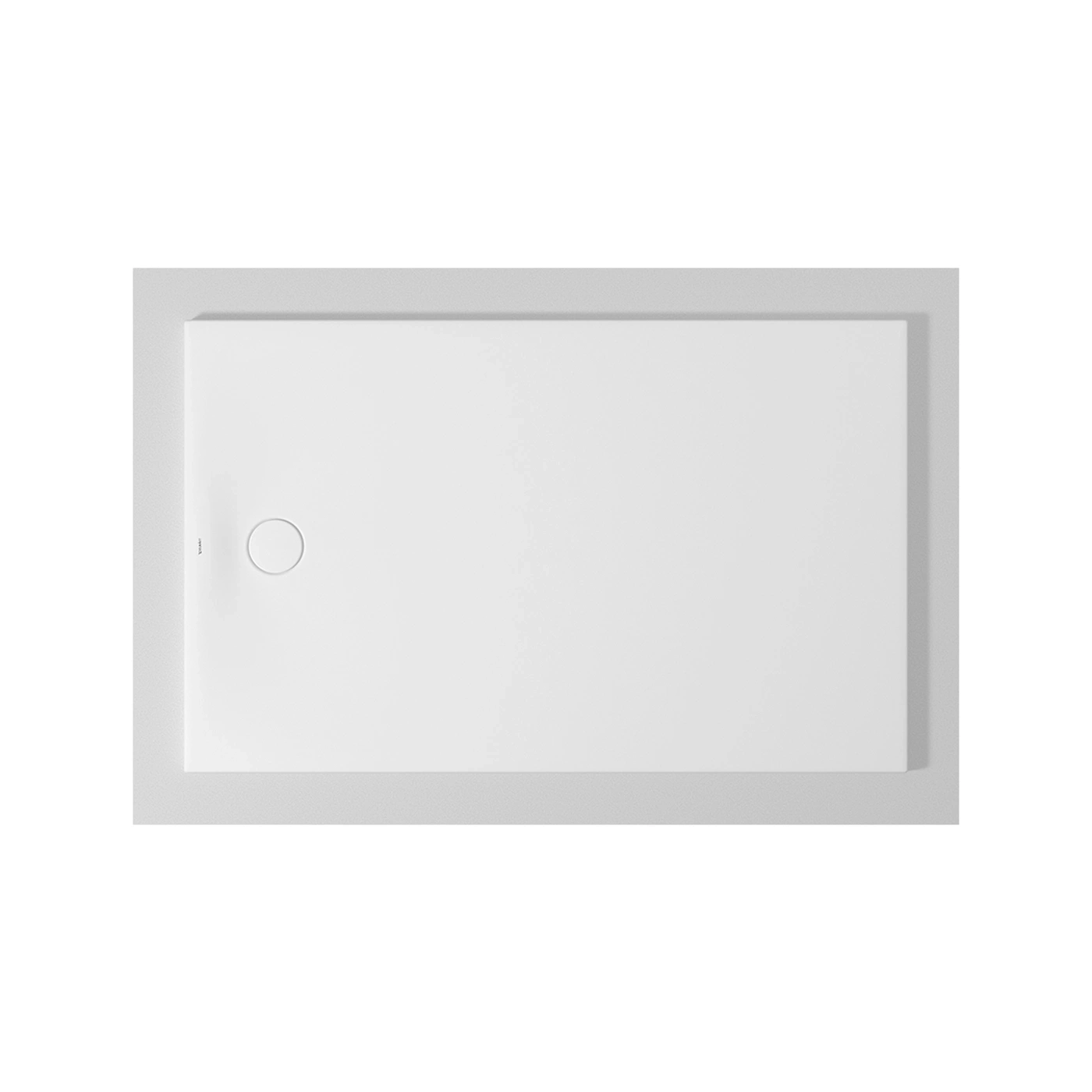 Weißes Duschbecken mit rundem Abfluss in der linken oberen Ecke, minimalistisches Design.
