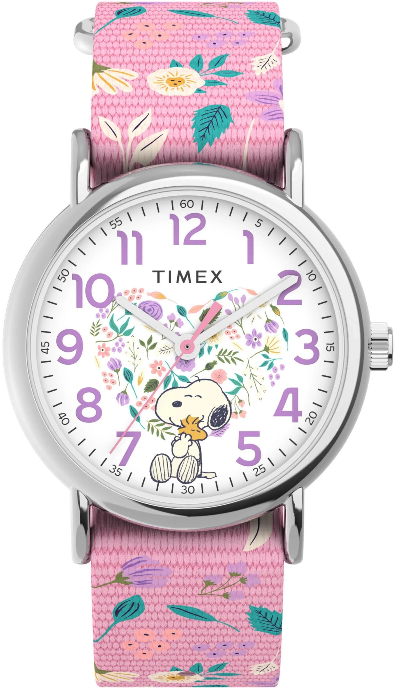 Eine rosafarbene Snoopy-Uhr mit Blumenmuster und pinken Zeigern