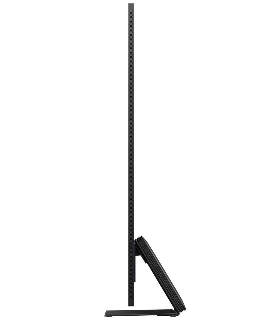Schwarzer Fernseher, Seitenansicht, schlankes Design, mit Standfuß, modernes Gerät, Technologie