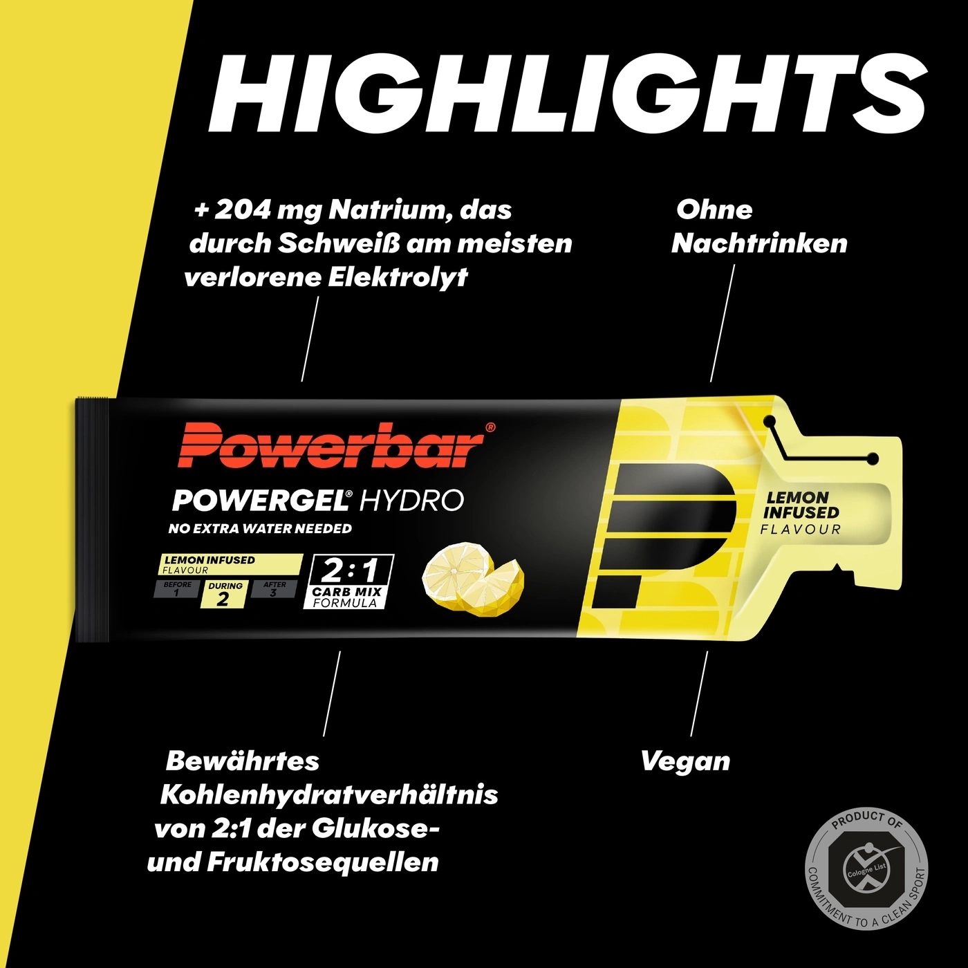 Powerbar Hydro Energie-Gel mit Zitronengeschmack und Kohlenhydratmix.