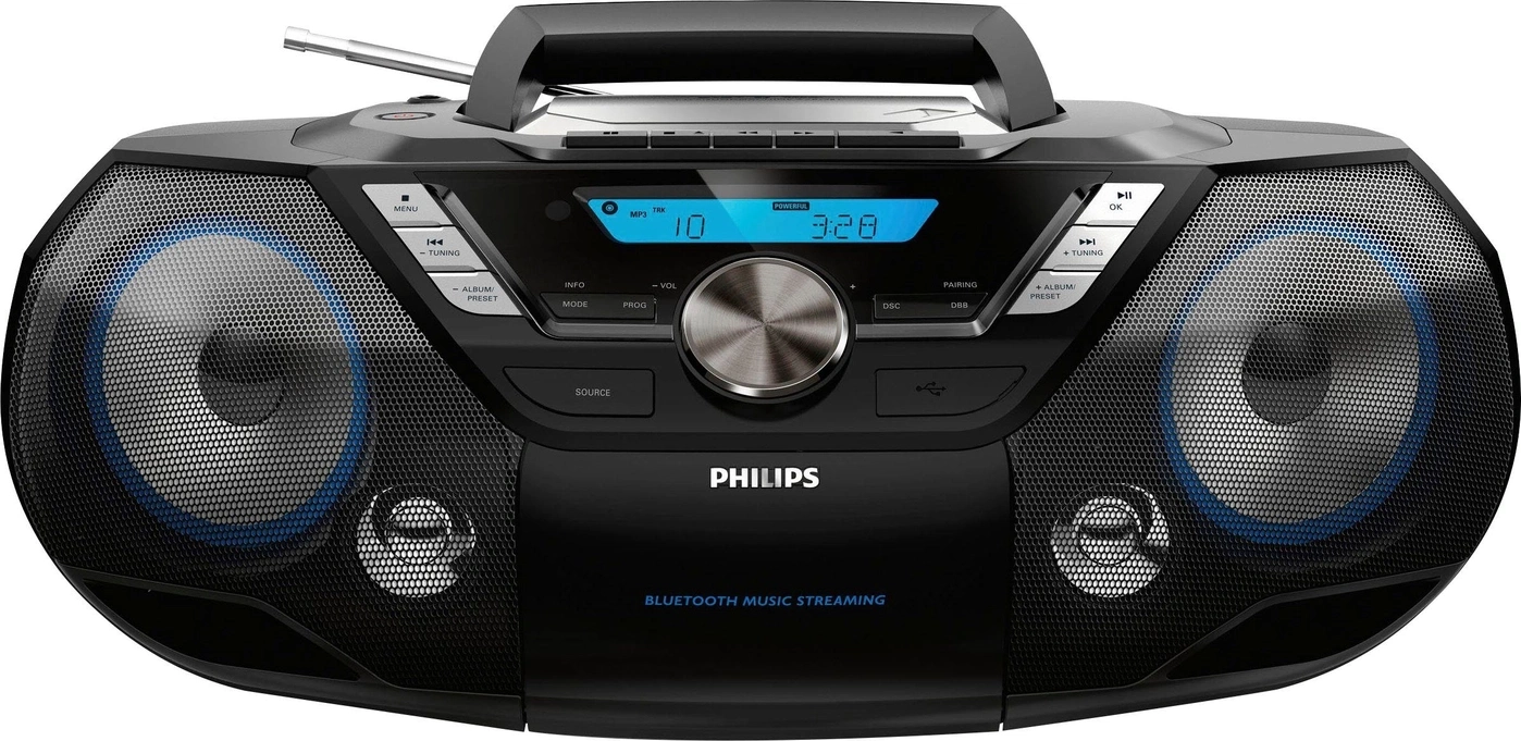 Ein schwarzer Philips Boombox mit zwei Lautsprechern und digitalem Display.