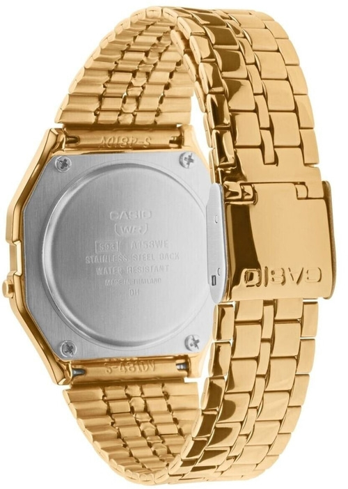 CASIO VINTAGE Chronograph A158WETG-9AEF Quarz Digital Goldfarben B-WARE Goldene Casio-Uhr, Rückseite mit Details, Edelstahl, wasserdicht, hergestellt in Thailand.