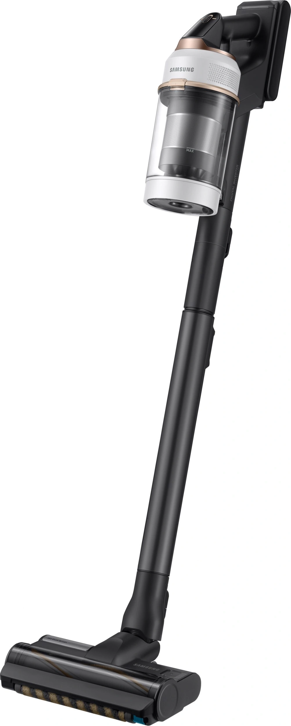 Ein Samsung Akku-Staubsauger mit schwarzem Rohr und Bürstenkopf