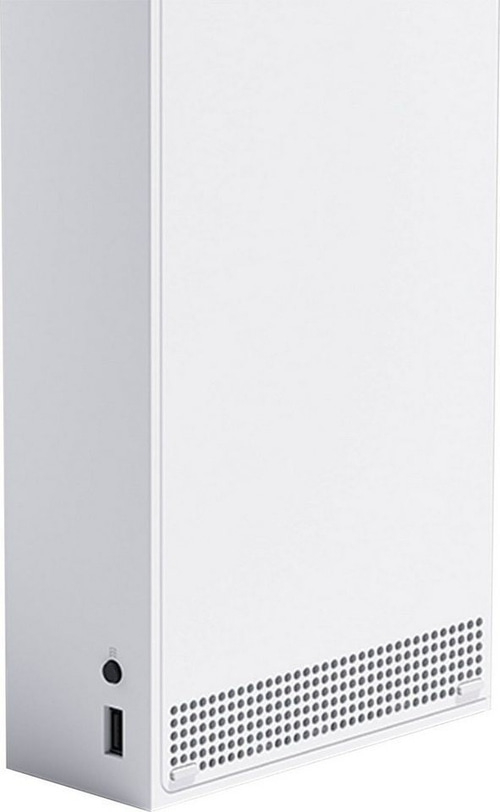 Weiße Xbox Series S Konsole, vertikal stehend, mit Lüftungsschlitzen und Anschlüssen.