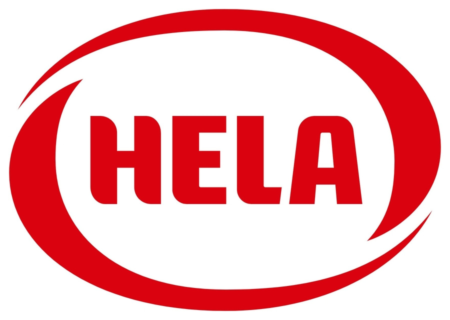 Rotes HELLA Logo mit geschwungener Umrandung und Großbuchstaben