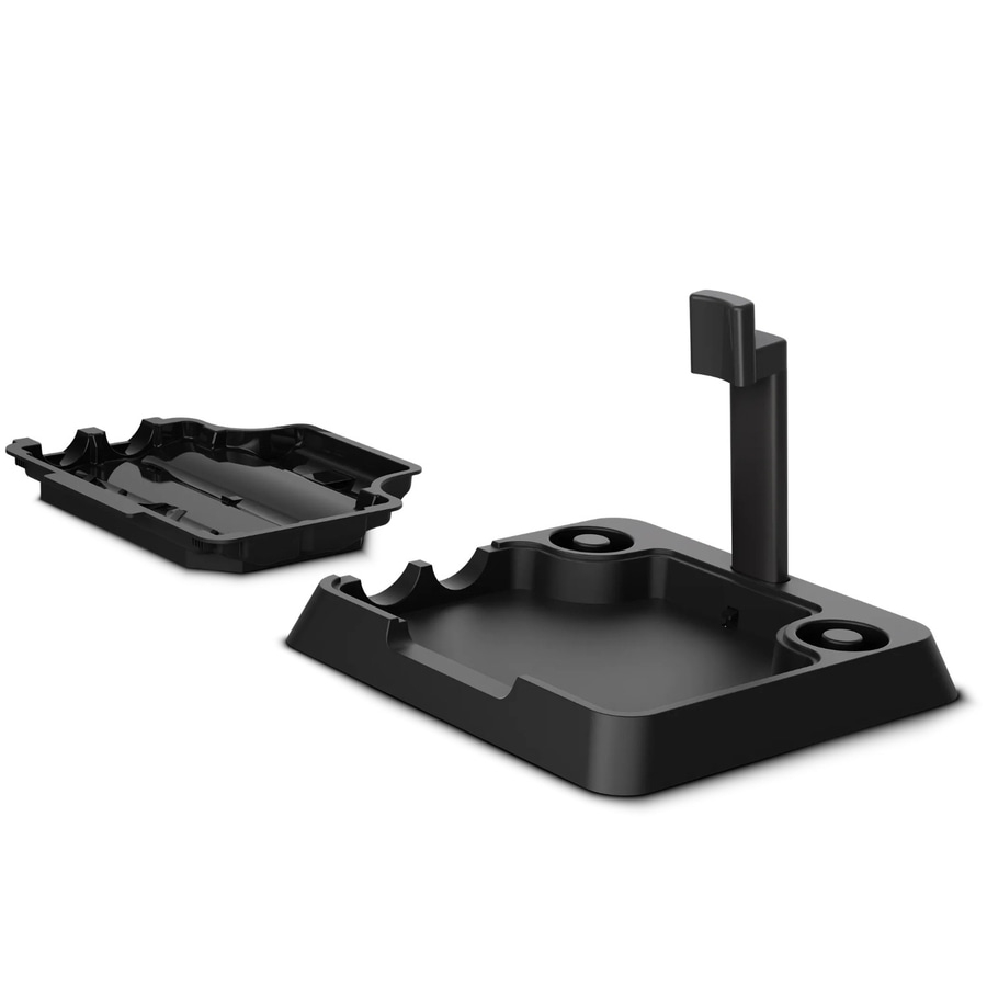 Schwarzer Kunststoffständer mit zwei Fächern und einer Halterung daneben.