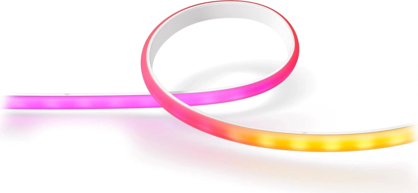 Eine biegsame LED-Lichtleiste in Rosa und Orange auf weißem Hintergrund.