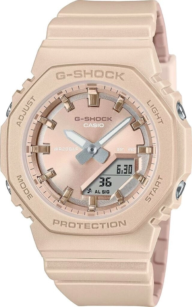 Eine roségoldene G-Shock Damenuhr mit digitalem und analogem Zifferblatt.
