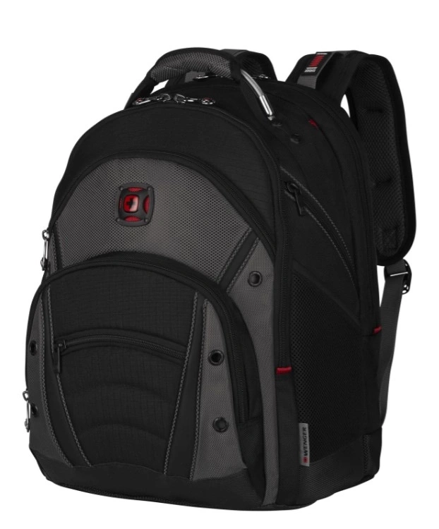 Schwarzer Rucksack mit grauem Akzent, Wenger-Logo, Reißverschlüssen und Tragegriff.