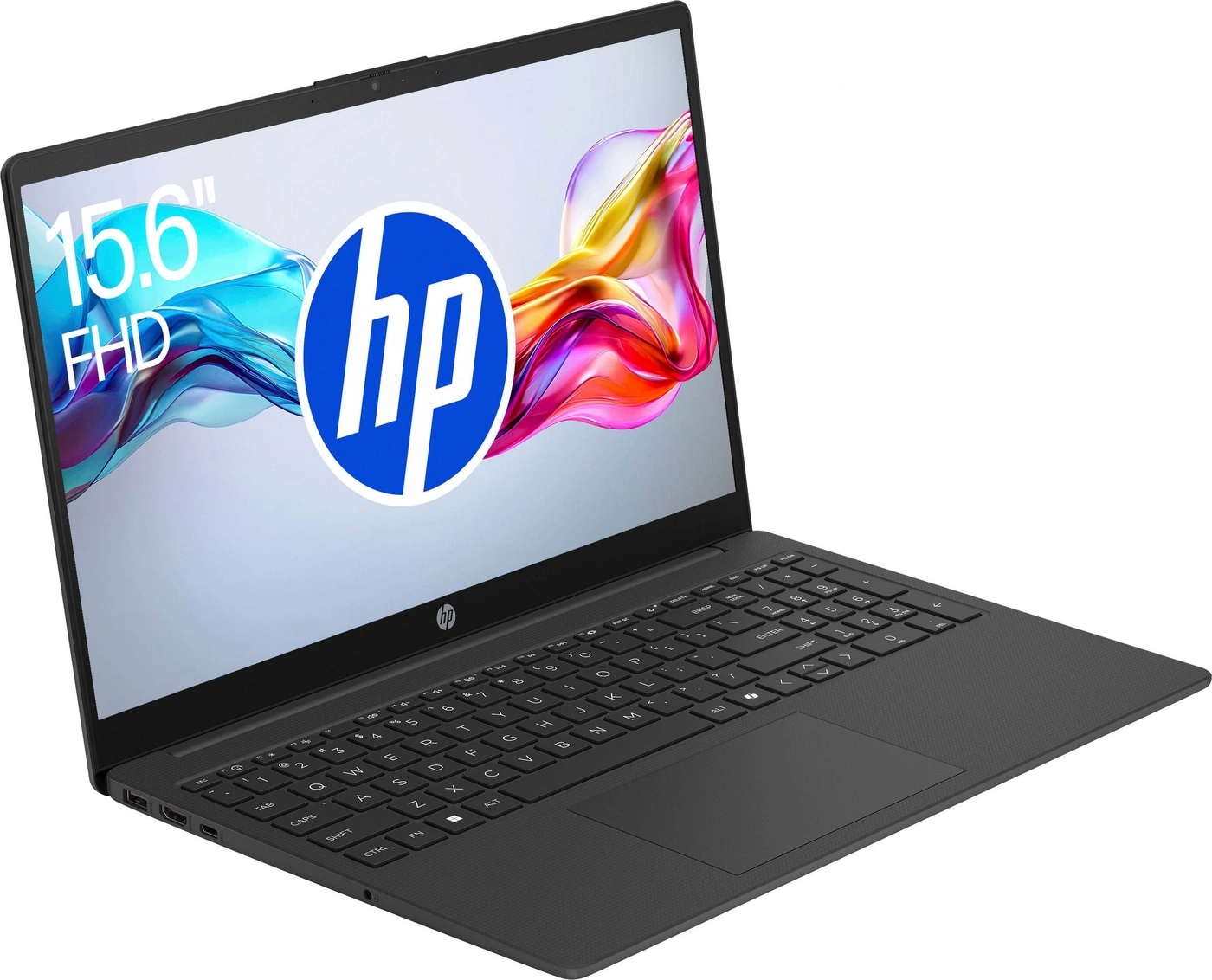 Ein schwarzer HP Laptop mit einem 15,6-Zoll-FHD-Bildschirm, der ein bunte Hintergrundbild anzeigt.