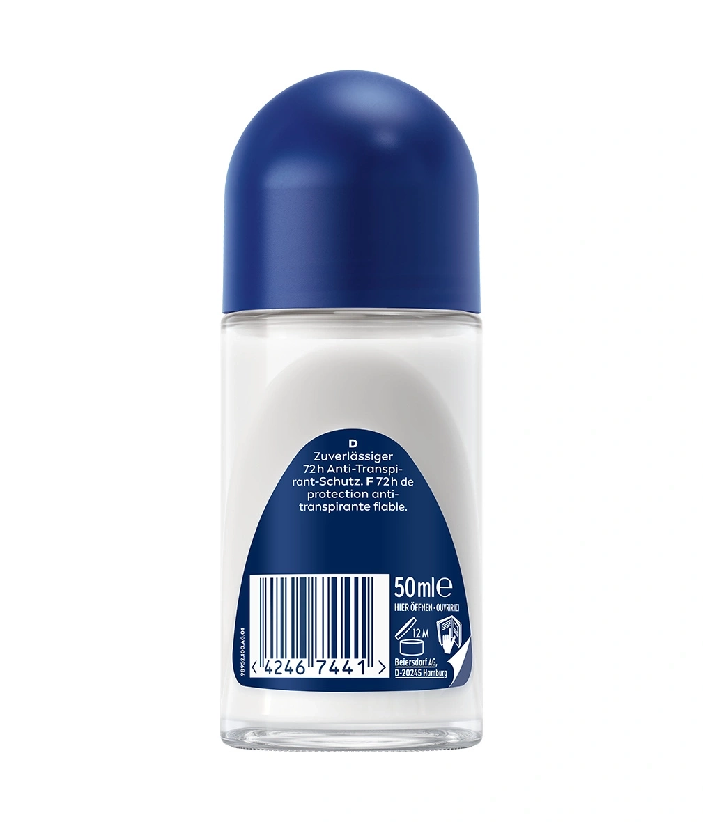 Ein transparenter Deoroller mit blauer Kappe und Etikett.