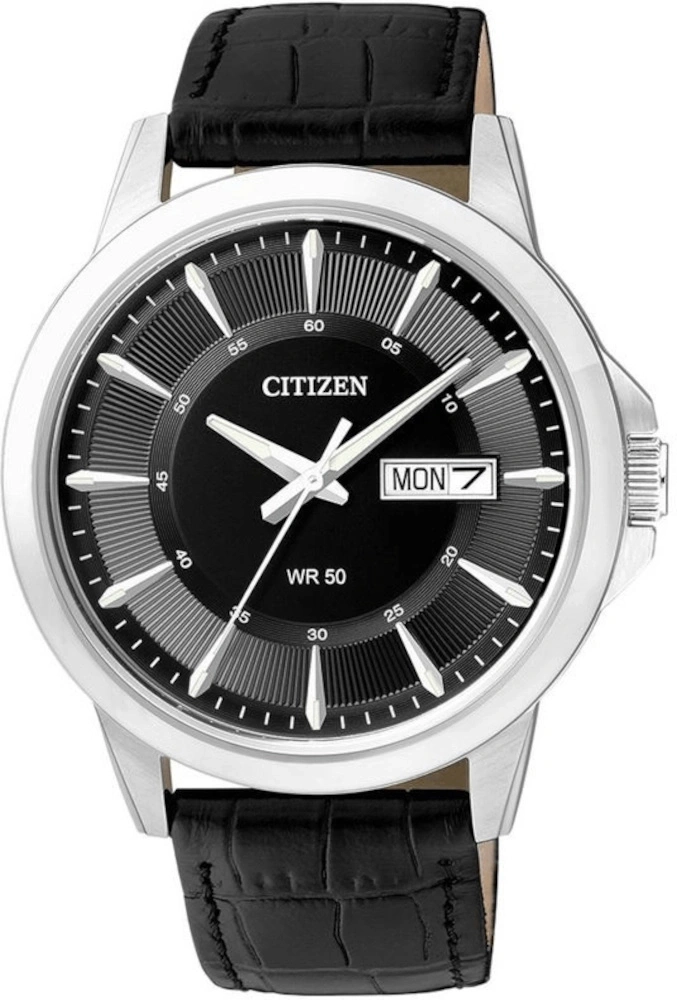 Citizen Armbanduhr mit schwarzem Zifferblatt und Lederarmband