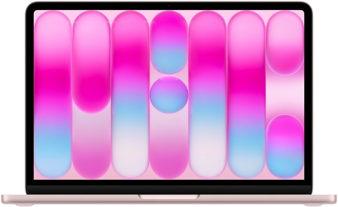 Ein pinker Laptop mit bunter Hintergrundgrafik. Ein Gerät.