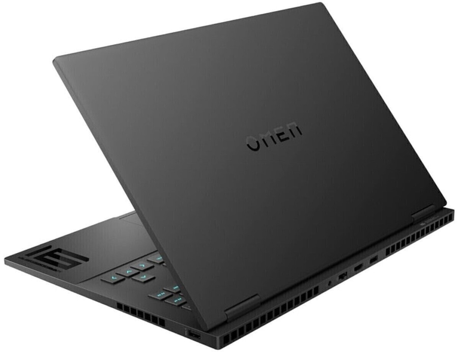 Schwarzer Laptop mit OMEN-Logo, geöffnet, auf weißem Hintergrund