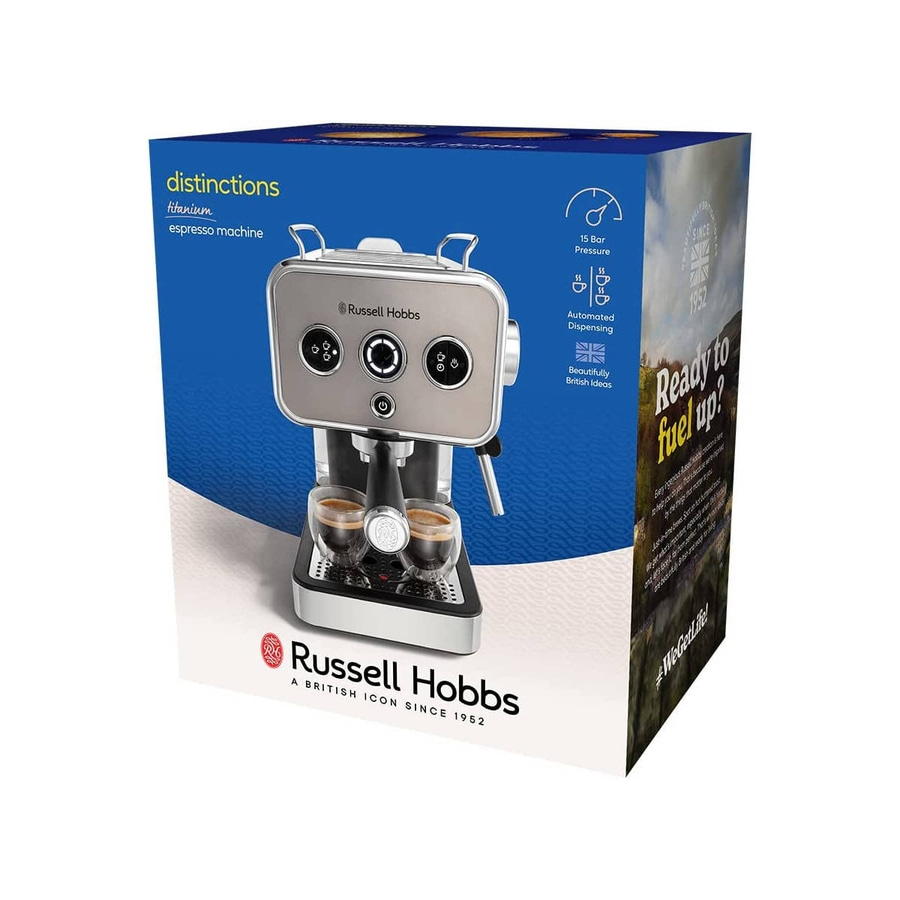 Espressomaschine von Russell Hobbs, bereit für den Genuss, mit 15 Bar Druck.
