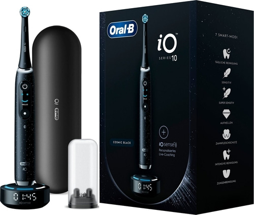 Elektrische Zahnbürste Oral-B iO Series 10, Cosmic Black, mit Ladestation und Zubehör.