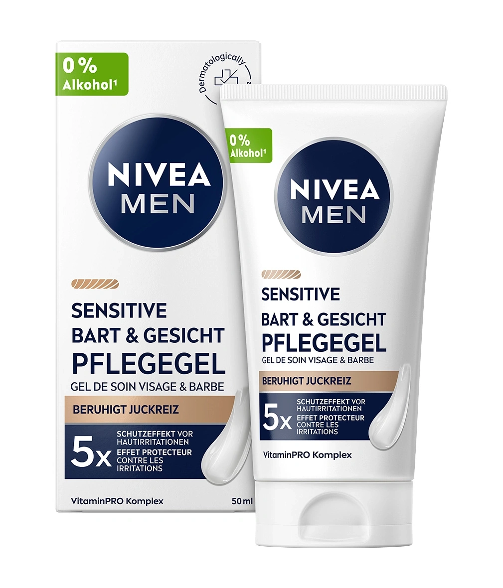 Nivea Men Sensitive Bart & Gesicht Pflegegel Hautirritationen und Juckreiz lindern.