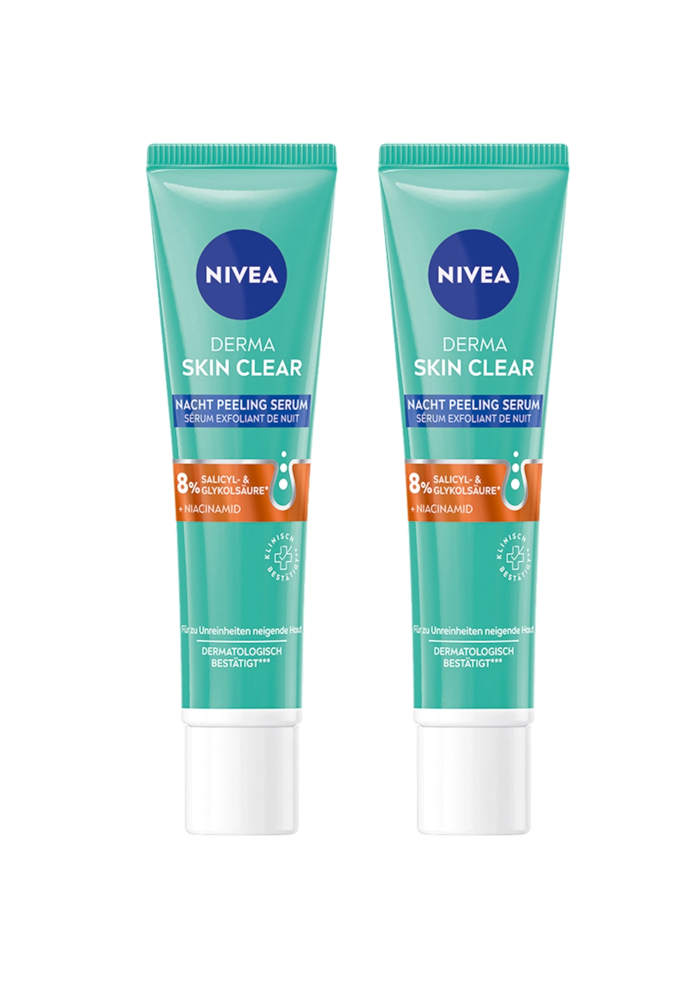 Zwei Tuben Nivea Derma Skin Clear Nacht Peeling Serum.