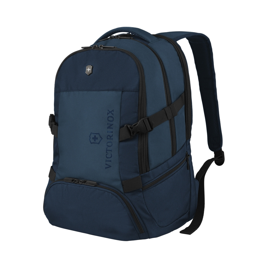 Blauer Victorinox Rucksack, mit Reißverschlüssen und Logo, für den Alltag.
