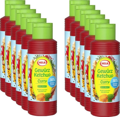 12 x Hela Ketchup Curry delikat 30% weniger Zucker Gewürzketchup 300 ml Flasche