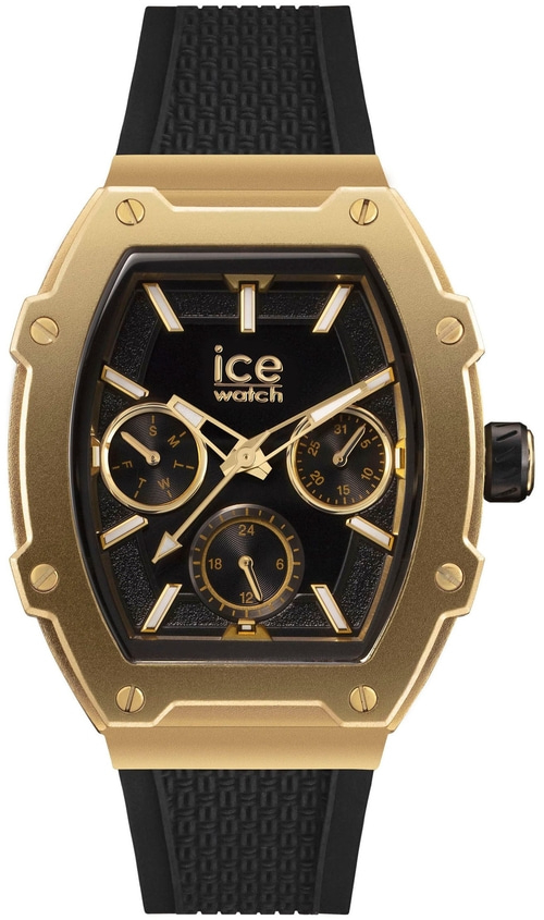 Goldene Ice Watch mit schwarzem Zifferblatt und Details. Schwarzes Armband.