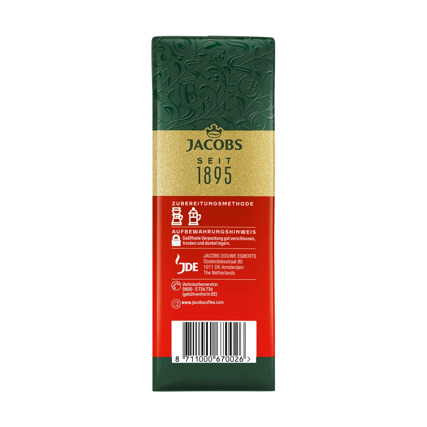 Jacobs Kaffee Dose mit "Zubereitungsmethode" und "Aufbewahrungshinweis"