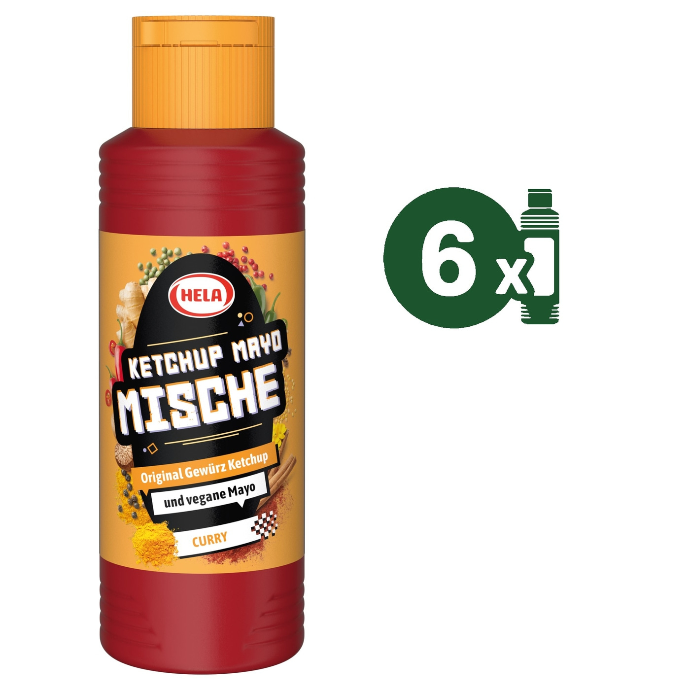 Hela Ketchup Mayo Mischung mit Currygeschmack in einer roten Flasche.