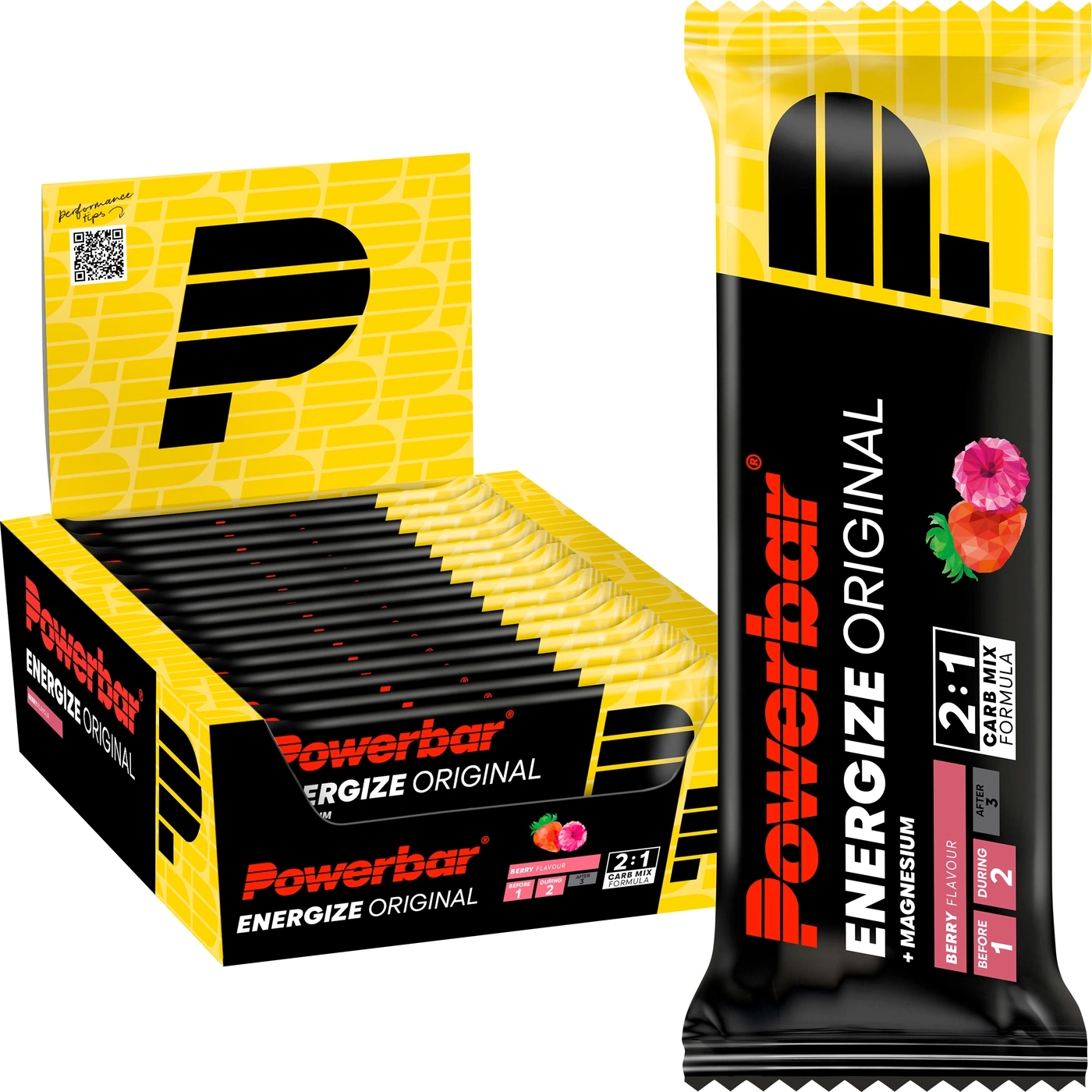 Powerbar Energize Original Riegel in Beeren-Geschmack, Box und Einzelriegel