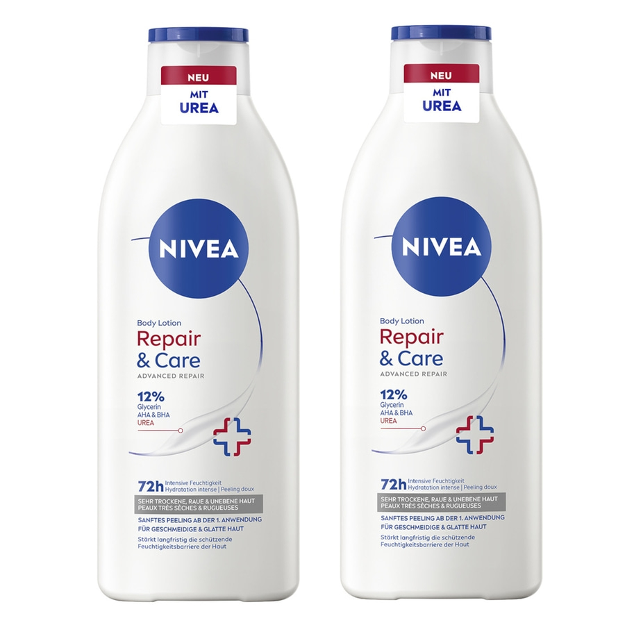 Zwei weiße Flaschen NIVEA Body Lotion Repair & Care mit Urea für trockene Haut.