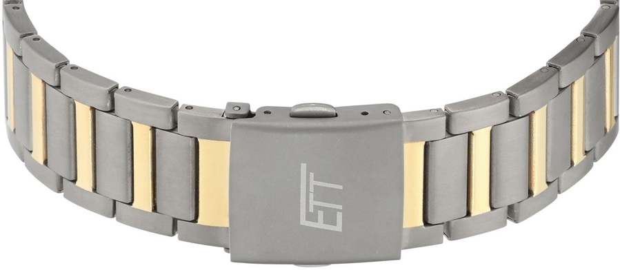 Armbanduhr-Armband aus Metall mit goldenen und silbernen Elementen, ETT-Logo